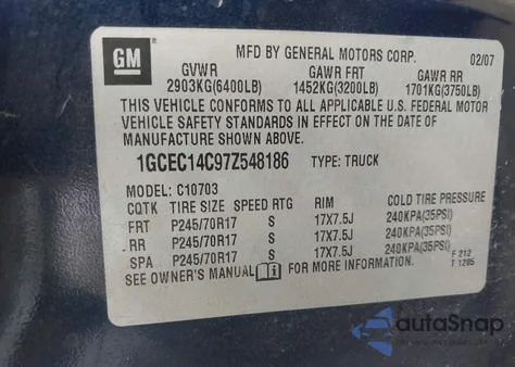2007 Chevrolet Silverado 1500 Work Truck z USA, uszkodzony, nr VIN 1GCEC14C97Z548186